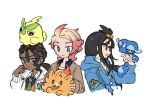  1girl 2boys :d black_hair blue_eyes blue_hoodie browt closed_mouth cube_hair_ornament dark-skinned_male dark_skin gecqua green_necktie hair_ornament hand_up holding holding_pokemon hood hood_down hoodie jacket lida_(pokemon) long_hair loose_hair_strand multiple_boys naveen_(pokemon) necktie on_head pokemon pokemon_(creature) pokemon_legends:_z-a pokemon_on_head pombon sidelocks smile starter_pokemon_trio tassel urbain_(pokemon) white_jacket xlii_idk 