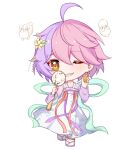  1girl :d ahoge chibi chinese_clothes chinese_commentary commentary_request commission earrings food full_body grin hair_ornament hand_fan hanfu highres holding holding_fan holding_food honkai_(series) honkai_gakuen jewelry long_sleeves looking_at_viewer mid-autumn_festival mooncake multicolored_hair pink_hair pink_hanfu purple_hair short_hair simple_background sin_mal sin_mal0909 smile solo teeth two-tone_hair white_background yellow_eyes 