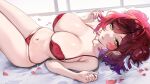  1girl bra breasts cleavage closed_mouth collarbone colored_tips commentary earrings elle_(vtuber) gold_earrings green_eyes head_wings heart highres hoop_earrings indie_virtual_youtuber jewelry large_breasts lying multicolored_hair navel on_back panties petals purple_hair purple_nails red_bra red_panties red_petals sakichka solo stomach twitter_username underwear virtual_youtuber wings 