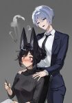  ! !! 2girls animal_ear_fluff animal_ears belt black_belt black_nails black_necktie black_suit blue_nails blush breasts closed_mouth collared_shirt commentary grey_hair hair_between_eyes hands_on_another's_shoulders highres holding lips multiple_girls necktie original red_eyes ribbed_shirt sakichka shirt suit sweat twitter_username white_shirt 