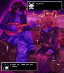  +++ 2girls absurdres animal_ears antlers black_coat black_eyes black_skirt blonde_hair blue_pants blush_stickers brown_hair buck_teeth closed_eyes closed_mouth coat collarbone collared_shirt colored_sclera commentary couch deer_ears deer_tail deltarune denim dialogue_box english_commentary english_text freckles furry furry_female guitar highres holding holding_guitar holding_instrument horns instrument jeans long_hair long_sleeves looking_at_another mihych multiple_girls noelle_holiday open_clothes open_coat open_mouth pants pleated_skirt reindeer_antlers reindeer_girl scene_reference shirt single_blush_sticker sitting skirt susie_(deltarune) sweat sweater_vest tail teeth torn_clothes torn_jeans torn_pants utdr_(toby_fox) yellow_sclera 