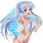 1girl alternate_eye_color aqua_eyes arms_up bare_shoulders bikini ci31205 collarbone commentary_request dated floating_hair frilled_bikini frills hair_between_eyes highres index_(toaru_majutsu_no_index) long_hair looking_at_viewer navel open_mouth parted_bangs ponytail sidelocks simple_background solo swimsuit toaru_majutsu_no_index upper_body white_background 