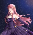  1girl ahoge armpits bare_shoulders beads closed_mouth collarbone commentary cowboy_shot dress elbow_gloves english_commentary eyelashes floating_hair frilled_dress frills gloves gown hair_beads hair_ornament happy highres jewelry lace-trimmed_dress lace-trimmed_gloves lace_trim light_blush lipstick long_hair long_sidelocks makeup necklace night nikki_(nikki) nikki_(series) nonoberry22 nostrils outdoors outstretched_arm pink_eyes pink_hair print_dress purple_dress purple_gloves red_lips shining_nikki shoulder_blush sidelocks sky smile solo standing star_(sky) star_(symbol) star_hair_ornament star_necklace star_print star_sea_(nikki) starry_sky strapless strapless_dress very_long_hair wavy_hair wind 