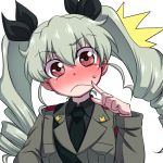  1girl anchovy anzio_military_uniform bangs belt black_neckwear black_ribbon black_shirt blush closed_mouth commentary dress_shirt drill_hair eyebrows_visible_through_hair frown full-face_blush girls_und_panzer green_hair grey_jacket hair_ribbon hanya_(hanya_yashiki) head_tilt jacket long_hair long_sleeves looking_at_viewer military military_uniform necktie pointing pointing_at_self red_eyes ribbon sam_browne_belt shirt simple_background solo sweatdrop twin_drills twintails uniform upper_body white_background 