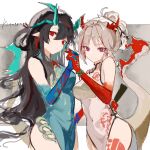  2girls absurdres aqua_dress aqua_hair arknights artist_name bare_shoulders beads black_hair china_dress chinese_clothes chinese_commentary closed_mouth colored_extremities commentary_request cowboy_shot dragon_girl dragon_horns dragon_tail dress dusk_(arknights) dusk_(everything_is_a_miracle)_(arknights) grey_dress grey_hair hair_between_eyes highres holding_hands horns interlocked_fingers kiruroco long_hair looking_at_viewer multicolored_hair multiple_girls nian_(arknights) nian_(unfettered_freedom)_(arknights) official_alternate_costume pointy_ears purple_eyes red_eyes red_hair short_hair siblings side_slit sisters sketch sleeveless sleeveless_dress standing streaked_hair tail tail_raised 