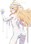  1girl absurdres ahoge bandage_on_hair bandaged_arm bandaged_chest bandaged_hand bandaged_head bandaged_leg bandages blonde_hair blue_archive blush breasts brown_eyes commentary from_behind halloween_costume halo highres long_hair mummy mummy_costume naked_bandage official_alternate_costume open_mouth simple_background small_breasts solo tanuk white_background yellow_halo yoshimi_(blue_archive) yoshimi_(halloween)_(blue_archive) 