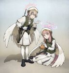  2girls angel_wings battle_rifle beret blonde_hair blue_archive blue_shoes chickenapple33 closed_mouth cup dress feathered_wings fn_fal food full_body gun halo hashtag-only_commentary hat highres holding holding_cup load_bearing_vest loafers long_hair long_sleeves looking_at_viewer low_wings mika_(blue_archive) multiple_girls nagisa_(blue_archive) parted_lips pink_hair pink_halo rifle sandwich shadow shoes standing sterling_smg submachine_gun weapon white_dress white_hat white_wings wings yellow_eyes 