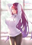  black_legwear breasts covered_nipples fate/grand_order fate_(series) hair_intakes highres kurenaiz large_breasts long_hair looking_at_viewer no_pants panties panties_under_pantyhose pantyhose purple_hair red_eyes ribbed_sweater scathach_(fate)_(all) scathach_(fate/grand_order) smile sweater thighband_pantyhose underwear white_sweater window 