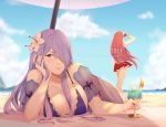  absurdres artist_name beach beach_umbrella bikini bikini_skirt biting blue_sky breasts camilla_(fire_emblem_if) cloud commentary_request cup day deh_sofa drinking_glass fire_emblem fire_emblem:_kakusei fire_emblem_heroes fire_emblem_if flower from_behind hair_flower hair_ornament hair_over_one_eye highres holding holding_cup large_breasts lip_biting lips long_hair lying multiple_girls naughty_face o-ring o-ring_bikini on_stomach parted_lips purple_eyes purple_hair red_hair see-through sky standing swimsuit tiamo umbrella water 