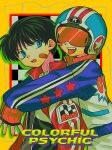  2boys absurdres bandaid bandaid_on_cheek bandaid_on_face black_hair blue_eyes blush_stickers commentary_request helmet highres looking_at_another looking_at_viewer male_focus menma_(enaic31) multiple_boys open_mouth original short_hair single_blush_sticker sleeves_past_wrists teeth tongue tongue_out upper_teeth_only 