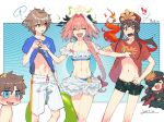  1girl 4boys adonis_belt arts_shirt assisted_exposure astolfo_(fate) bikini bikini_skirt black_bow black_hair blue_eyes blush bow braid buster_shirt chibi commentary dated fang fate/grand_order fate_(series) fiery_hair fujimaru_ritsuka_(male) hair_bow heart heart_in_mouth implied_yaoi innertube kodama_(wa-ka-me) long_hair male_swimwear midriff multicolored_hair multiple_boys navel oda_nobukatsu_(fate/grand_order) oda_nobunaga_(fate) otoko_no_ko pink_hair ponytail riyo_(lyomsnpmp)_(style) shirt_lift sieg_(fate/apocrypha) single_braid spoken_exclamation_mark spoken_sweatdrop streaked_hair sweatdrop swim_trunks swimsuit swimwear toned toned_male very_long_hair 