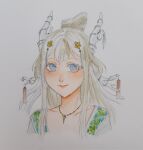  1girl antlers blue_eyes blunt_bangs chinese_clothes collarbone colored_eyelashes commentary cropped_torso deer_antlers double-parted_bangs english_commentary gem gem_hair_ornament hair_ornament hanfu happy highres horns jewelry light_blush lipstick long_hair long_sidelocks looking_at_viewer makeup marking_on_cheek multiple_horns necklace nikki_(series) nonoberry22 nostrils parted_lips pink_lips shining_nikki sidelocks simple_background smile solo stylist_(nikki) tassel tassel_hair_ornament topknot traditional_media very_long_hair white_background white_hair white_hanfu white_horns yellow_gem 