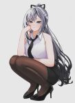  1girl absurdres black_necktie brown_pantyhose commentary grey_background grey_eyes grey_hair hashtag-only_commentary high_heels highres hololive hololive_indonesia long_hair necktie pantyhose ponytail saltdcrmell shirt sleeveless sleeveless_shirt squatting vestia_zeta vestia_zeta_(businesswoman) virtual_youtuber 