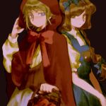  2girls basket black_background blonde_hair blue_dress blue_eyes bow bowtie braid braided_ponytail brown_eyes brown_hair candle_girl_(yume_2kki) cape closed_mouth cosplay dress hashtag-only_commentary highres holding holding_basket holding_picnic_basket hood hood_up light_blush little_red_riding_hood_(fairy_tale) little_red_riding_hood_(fairy_tale_character) little_red_riding_hood_(fairy_tale_character)_(cosplay) long_hair looking_at_viewer multiple_girls parted_lips picnic_basket pinafore_dress red_bow red_bowtie red_cape short_hair sidelocks simple_background sleeveless sleeveless_dress urotsuki yume_2kki yuushio_h4ru 