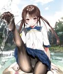  :d bangs black_legwear blue_skirt blue_sky blurry blurry_background blush brown_eyes brown_hair commentary_request day eyewear_removed gusset hayakawa_akari long_hair no_shoes on_rock open_mouth original outdoors panties panties_under_pantyhose pantyhose parted_bangs parted_lips school_uniform sitting skirt sky smile solo splashing twintails underwear water 