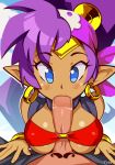  1girl bandana blue_eyes blush bracer breasts cleavage clothed_sex dark_skin earrings erection eyes_visible_through_hair fellatio hetero jewelry looking_at_viewer o-ring o-ring_top oral paizuri paizuri_under_clothes penis pointy_ears pov shantae_(character) shantae_(series) solo_focus typo_(requiemdusk) vest 