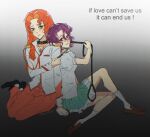  2girls animal_collar aqua_skirt arisugawa_juri brown_shoes cloversforjuri collar commentary derivative_work english_commentary english_text green_eyes highres holding holding_knife holding_leash jacket jewelry knife leash long_hair multiple_girls necklace ootori_gakuen_school_uniform orange_hair pants purple_eyes purple_hair red_pants ringlets school_uniform shirt shoes short_hair shoujo_kakumei_utena sitting skirt smile socks takatsuki_shiori white_jacket white_shirt white_socks 