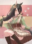  1girl ahoge animal_ears black_hair blush boots brown_boots brown_corset commentary_request corset ear_covers frilled_kimono frills girdle green_kimono hair_between_eyes highres horse_ears horse_girl horse_tail japanese_clothes kimono long_bangs long_hair long_hair_between_eyes long_sleeves looking_at_viewer maid manhattan_cafe_(umamusume) manhattan_cafe_(verdant_night)_(umamusume) multicolored_hair official_alternate_costume official_alternate_hairstyle parted_lips paw_print paw_print_background single_ear_cover skirt solo tail umamusume uryua0324 wa_maid white_skirt yellow_eyes 