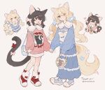  2girls :d ahoge animal_ears bag black_hair blonde_hair blue_hoodie blue_skirt blush bow cat_ears cat_girl cat_tail chibi chibi_inset closed_mouth clothing_request commentary dot_mouth eyes_visible_through_hair fang frills gomafuto hair_between_eyes hair_bow hair_ornament hairclip holding holding_bag holding_hands hood hoodie long_hair long_skirt long_sleeves medium_hair multiple_girls open_mouth original paw_shoes pink_hoodie puffy_sleeves shoulder_bag skirt smile tail tail_ornament waving 