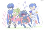  2girls belt black_gloves blue_cape blue_hair blush cape chiki closed_mouth commentary dual_persona fingerless_gloves fire_emblem fire_emblem:_kakusei fire_emblem:_monshou_no_nazo fire_emblem_heroes flower gloves green_hair hair_ribbon heart locked_arms long_hair long_sleeves lucina mamkute marth marth_(fire_emblem:_kakusei) mask multiple_boys multiple_girls open_mouth pink_swimsuit pointy_ears ponytail qumaoto red_ribbon ribbon short_hair simple_background standing swimsuit tiara translated twitter_username white_background white_gloves 