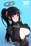  1girl absurdres black_hair blue_archive blue_background blush breasts cleavage commentary english_commentary eyeliner halo headgear highres large_breasts looking_at_viewer makeup open_mouth ponytail red_eyes redcity_top21 rio_(armed)_(blue_archive) rio_(blue_archive) simple_background solo 