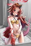  1girl absurdres bed bikini black_horns blue_archive blush breasts colored_extremities commentary_request curtains dragon_girl dragon_horn dragon_tail eyeshadow fang halo highres horns kouichi_eiji makeup nose_blush o-ring o-ring_bikini red_eyeshadow red_halo red_hands red_tail renge_(blue_archive) renge_(swimsuit)_(blue_archive) single_horn skin_fang small_breasts snowflake_halo solo swimsuit tail tattoo yellow_bikini 