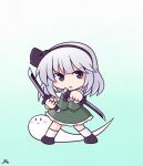  1girl 216 black_bow black_bowtie black_hairband black_shoes bow bowtie chibi chibi_only closed_mouth commentary dual_wielding frilled_skirt frills full_body gradient_background green_background green_skirt green_vest grey_hair hairband hitodama holding holding_sword holding_weapon katana konpaku_youmu konpaku_youmu_(ghost) looking_at_viewer shoes signature skirt skirt_set smile socks solo sword touhou vest weapon white_socks 