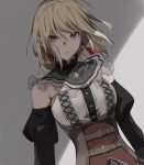  1girl absurdres bang_dream! bang_dream!_it's_mygo!!!!! blonde_hair brown_corset clothing_cutout commentary_request corset doloris_(bang_dream!) earrings grey_background grey_hair highres jewelry juliet_sleeves kanade_(kanade_3344) long_sleeves looking_at_viewer misumi_uika parted_lips puffy_sleeves purple_eyes shoulder_cutout sidelocks simple_background sketch solo upper_body white_background 