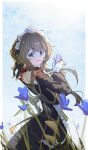  1girl bare_shoulders black_collar black_sleeves blue_eyes blue_flower bonnet brown_hair collar detached_collar detached_sleeves dress field flower flower_field from_behind genshin_impact gloves hashtag-only_commentary headdress highres holding holding_flower kario long_sleeves looking_back sandrone_(genshin_impact) short_hair_with_long_locks sidelocks smile solo white_gloves white_headdress winding_key 