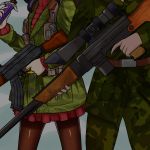  assault_rifle backpack bag boris_(c&amp;c) chocolate_bar command_and_conquer:_red_alert_2 food genderswap genderswap_(mtf) gun highres holding jacket military naihebridge pantyhose pleated_skirt purple_hair radio rifle scope skirt uniform weapon 