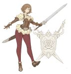  1girl absurdres belt brown_corset character_request coat_of_arms commentary corset curly_hair english_commentary flower glasses gloves highres leather leather_gloves leggings nrcgray open_mouth original puffy_sleeves rose scabbard sheath shirt short_hair solo sword weapon white_background white_shirt 