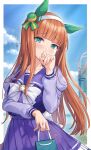  1girl animal_ears bag blue_eyes blue_sky blunt_bangs blush bow bowtie breasts cloud collarbone commentary_request ear_covers green_eyes hairband highres hime_cut holding holding_bag horse_ears horse_girl horse_tail long_hair long_sleeves looking_at_viewer mirukurim orange_hair orange_tail outdoors pleated_skirt purple_sailor_collar purple_serafuku purple_shirt purple_skirt sailor_collar sailor_shirt school_uniform serafuku shirt silence_suzuka_(umamusume) skirt sky small_breasts solo tail tracen_school_uniform umamusume white_bow white_bowtie white_hairband 