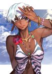  1girl animal_print bikini bracelet covering_own_face dark-skinned_female dark_skin earrings elena_(street_fighter) hoop_earrings hungry_clicker jewelry looking_to_the_side multiple_bracelets multiple_rings ring short_hair solo street_fighter street_fighter_6 sunlight swimsuit upper_body white_hair zebra_print 