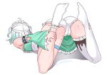  1girl absurdres ahoge armpits ass ass_focus breasts cameltoe commentary densetsu.exe detached_sleeves english_commentary facing_away frilled_socks frills grabbing_own_ankles highres lying maid maid_headdress mint_fantome mole mole_on_ass mole_on_thigh multicolored_hair no_shoes on_stomach panties reverse_yogic_sleep_pose short_twintails simple_background single_thighhigh small_breasts socks solo streaked_hair thigh_strap thighhighs top-down_bottom-up twintails twitter_username unconventional_maid underwear white_background white_hair white_panties white_socks xanadu_avici yoga 