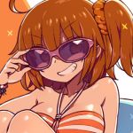  ahoge bare_shoulders bikini bracelet breasts brilliant_summer chan_co commentary_request fate/grand_order fate_(series) fujimaru_ritsuka_(female) grin hair_ornament hair_scrunchie halterneck hand_up jewelry large_breasts looking_at_viewer one_side_up orange_bikini orange_eyes orange_hair scrunchie sitting smile solo sparkle sunglasses swimsuit 