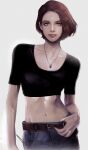  belt brown_hair collarbone crop_top denim highres jeans jewelry jill_valentine looking_at_viewer momokulala navel necklace pants resident_evil short_hair white_background 