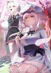  2girls black_bow black_bowtie black_hairband blue_hat blue_kimono bow bowtie cherry_blossoms closed_mouth collared_shirt commentary_request dango eating food frilled_kimono frilled_skirt frilled_sleeves frills green_eyes green_skirt green_vest grey_hair hairband hat highres hitodama holding holding_skewer japanese_clothes kimono kmbko055 konpaku_youmu konpaku_youmu_(ghost) long_sleeves mob_cap multiple_girls open_mouth outdoors pink_eyes pink_hair saigyouji_yuyuko sanshoku_dango seiza shirt short_hair sitting skewer skirt skirt_set sleeve_garter smile thighhighs touhou triangular_headpiece vest wagashi white_shirt white_thighhighs wide_sleeves 