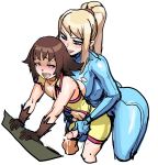  1boy 1girl ahegao areolae ass blonde_hair blue_eyes blush bodysuit breasts brown_hair climax cum cum_dripping cumdrip cumming curvy edit edited from_behind green_eyes hetero highres large_breasts long_hair maniacpaint masturbation metroid nicole_(metroid) nintendo nipples nude orgasm penis ponytail samus_aran skin_tight sperm third-party_edit tongue tongue_out torn_clothes uncensored zero_suit 