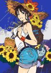  ass backpack bag bangs blue_eyes blue_shorts blue_sky brown_hair cloud cowboy_shot denim denim_shorts flower from_side hands_up hat long_hair looking_at_viewer looking_to_the_side original outdoors shirt short_shorts shorts sky sleeveless sleeveless_shirt smile solo standing straw_hat sunflower umishima_senbon white_shirt wristband yellow_flower 