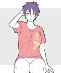  :d blush breasts covered_nipples genderswap genderswap_(mtf) hand_behind_head knees limited_palette medium_breasts open_mouth otegine ouse_(otussger) panties red_eyes red_shirt seiza shirt short_hair sitting smile solo t-shirt thighs touken_ranbu underwear 