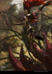  artist_name bayard_wu breasts center_opening cleavage fangs gloves leaf legend_of_the_cryptids long_hair mandrake monster_girl official_art open_mouth plant red_hair solo teeth thorns tree vines watermark web_address yellow_eyes 