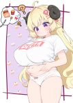  1girl :/ ? ?? ahoge alternate_breast_size_(larger) animal_ears blonde_hair blush bow bow_panties breasts closed_mouth clothes_writing commentary_request cowboy_shot hair_ornament hairclip hands_on_own_stomach highres hololive horns huge_breasts kani_bonara long_hair looking_down panties purple_eyes sheep_girl sheep_horns shirt solo speech_bubble spoken_food standing sweatdrop thought_bubble tsunomaki_watame underwear virtual_youtuber weight_conscious white_panties white_shirt 