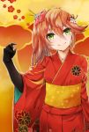  black_gloves commentary_request elbow_gloves flower gloves green_eyes hair_flower hair_ornament head_tilt japanese_clothes kimono kurage_(11649021) leilan_(p&amp;d) light_blush long_hair looking_at_viewer orange_hair puzzle_&amp;_dragons side_ponytail smile solo 