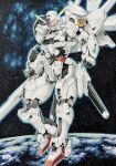  absurdres commentary_request earth_(planet) green_eyes gundam gundam_calibarn gundam_suisei_no_majo highres katsu_(24791909) marker_(medium) mecha mobile_suit planet robot space star_(sky) tagme traditional_media 