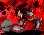  angry anthro chest_tuft clothing detailed_background english_text footwear gloves hedgehog holding_object line_art male mammal red_background shadow shadow_the_hedgehog simple_background solo sonic_(series) text tuft video_games walking みわ@セラヴィ 