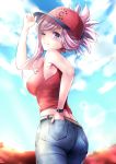  adjusting_clothes adjusting_hat adjusting_headwear alternate_costume ass asymmetrical_hair autumn_leaves bare_shoulders blue_sky blurry breasts cloud commentary_request contemporary cowboy_shot day denim depth_of_field fate/grand_order fate_(series) from_behind from_below hand_in_pocket hane_yuki hat head_tilt heroic_spirit_traveling_outfit highres large_breasts long_hair looking_at_viewer midriff miyamoto_musashi_(fate/grand_order) one_eye_closed pants pink_hair ponytail purple_eyes shirt sky sleeveless sleeveless_shirt solo standing tank_top 