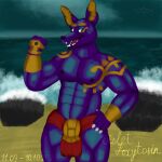 1:1 2025 abs adastra adastra_(series) armor avian beach big_muscles bird black_body blue_eyes bottomwear bracers canid canine canis clothed clothing dated detailed_background echo_project egyptian eyebrows facial_piercing fangs flexing fur gauntlets gloves golden_markings gull handwear hi_res jackal jewelry lari larid loincloth male mammal muscular muscular_male neferu_(adastra) nipples nose_piercing nose_ring partially_clothed partially_clothed_anthro partially_clothed_male pecs piercing ring_piercing rock sea seafoam_(water) signature solo teeth violet_foxytosin water white_sclera