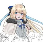  1girl aesc_(fate) aesc_(savior)_(fate) ahoge armor blonde_hair blue_eyes blue_hair blue_ribbon blush capelet commentary_request fate/grand_order fate_(series) fur-trimmed_capelet fur_trim highres long_hair looking_at_viewer machi_ne parted_lips ribbon simple_background solo spiked_armor spikes unfinished upper_body white_background 