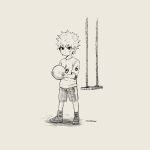  1boy aged_down artist_name ball child commentary english_commentary facial_mark hatching_(texture) highres holding holding_ball jeffraeson light_frown male_focus monochrome naruto_(classic) naruto_(series) open-toe_shoes shirt shorts simple_background solo swing t-shirt uzumaki_naruto whisker_markings 