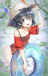  absurdres animal_ears_(artist) arm_up bare_shoulders black_hair black_swimsuit blue_eyes blue_innertube blush collarbone commentary_request eyebrows_visible_through_hair flower frog hair_between_eyes hand_on_headwear hat_feather highres holding holding_innertube innertube kaban_(kemono_friends) kemono_friends korean_commentary looking_at_viewer lotus lucky_beast_(kemono_friends) no_legwear no_pants off-shoulder_shirt off_shoulder one-piece_swimsuit open_mouth outdoors red_shirt see-through shirt short_hair short_sleeves solo spaghetti_strap striped_sleeves swimsuit swimsuit_under_clothes wading wet wet_clothes wet_shirt 